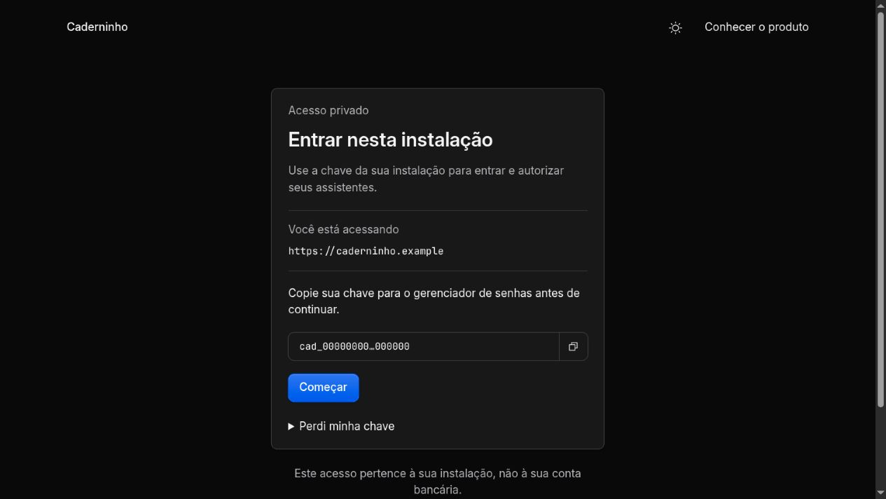 Primeiro acesso do Caderninho com o endereço da instalação, chave abreviada, botão de copiar e Começar.